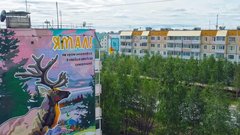 Северный олень поселился на стене напротив чума в Муравленко
